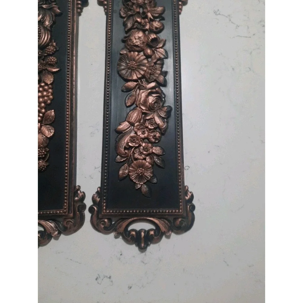 Syroco Wall Plaques Vintage 1970 MCM 2 Black - Bronze Flowers & Fruits 7221 7222